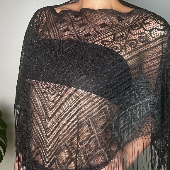 Vintage Black + Lacey With Fringe Shawl - Picture 3 of 8